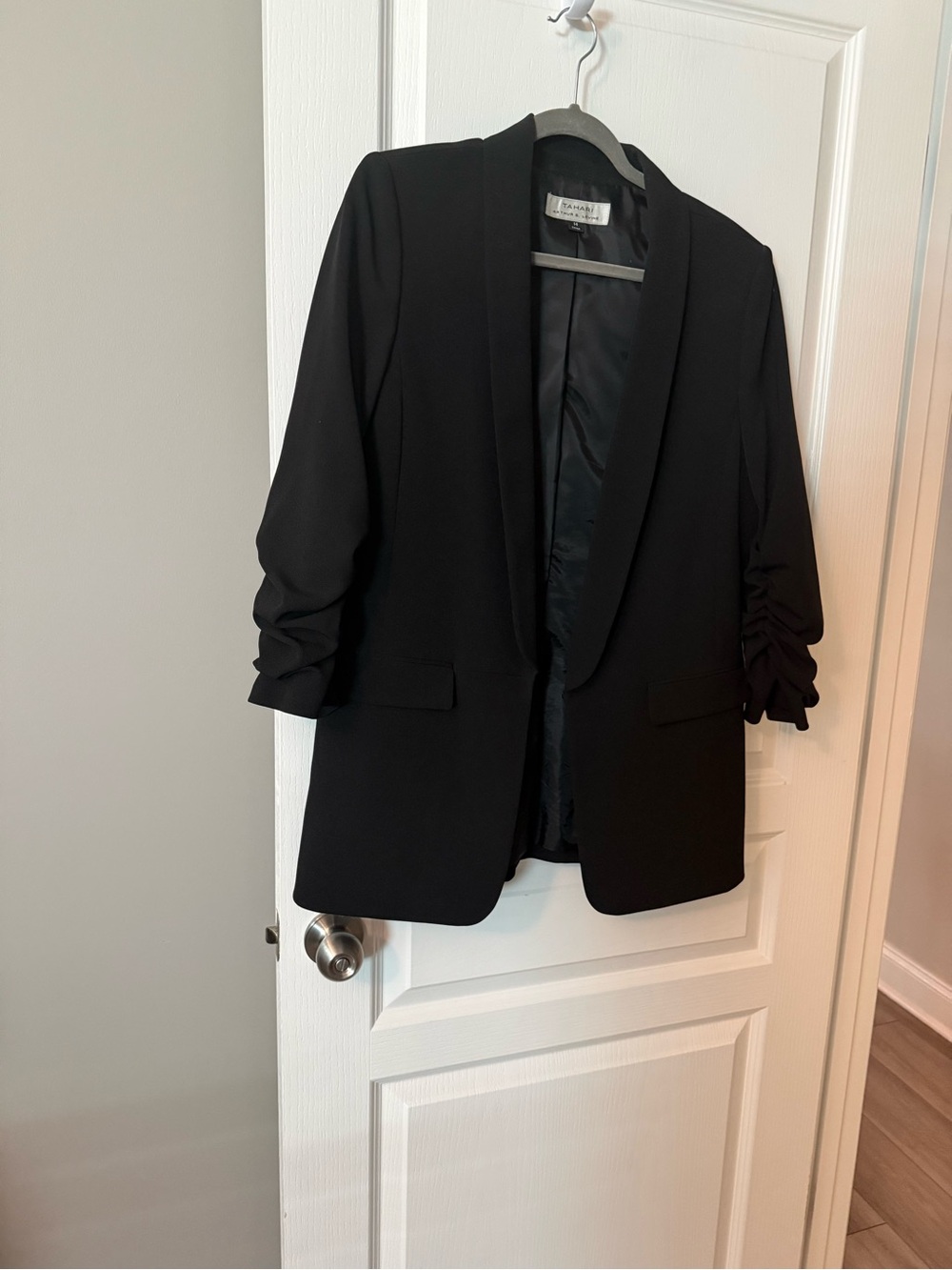 Tahari Black Shawl Collar Blazer with Ruched Sleeves